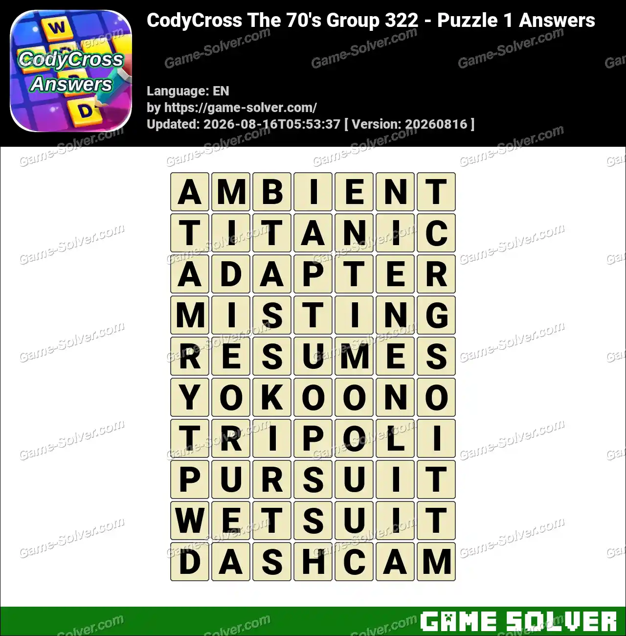 CodyCross The 70’s Group 322 – Puzzle 1 Answers